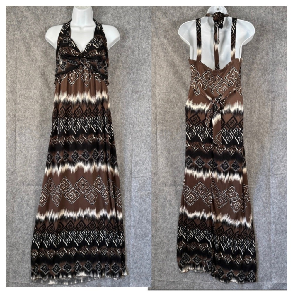 Y2K Halter Maxi Dress Slinky Stretch Liquid Knit Womens Large Aztec Brown Resort